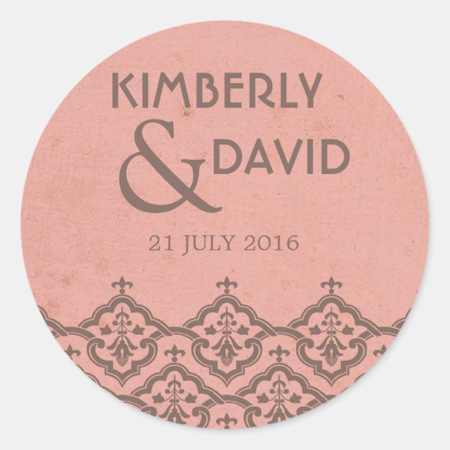 Pink Vintage Damask Wedding Label (Front)