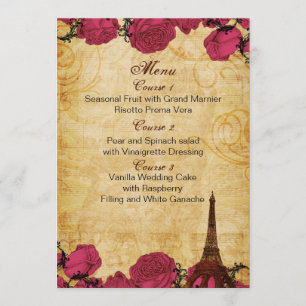Pink vintage eiffel tower Paris wedding menu cards