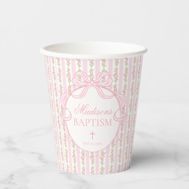 Pink Vintage Fancy Floral Baptism Paper Cups (Front)