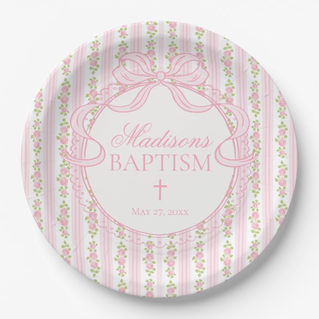 Pink Vintage Fancy Floral Baptism Paper Plate (Front)