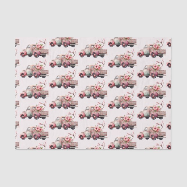 Pink Vintage Farmer's Truck Pattern Tissue Paper (Front)