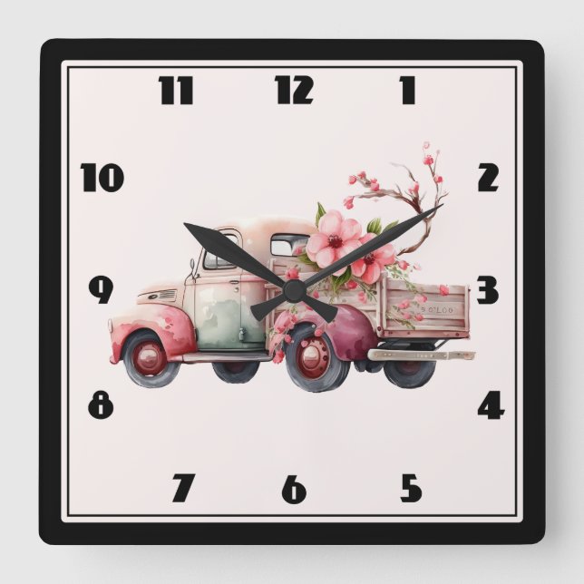Pink Vintage Farmer's Truck Square Wall Clock (Front)