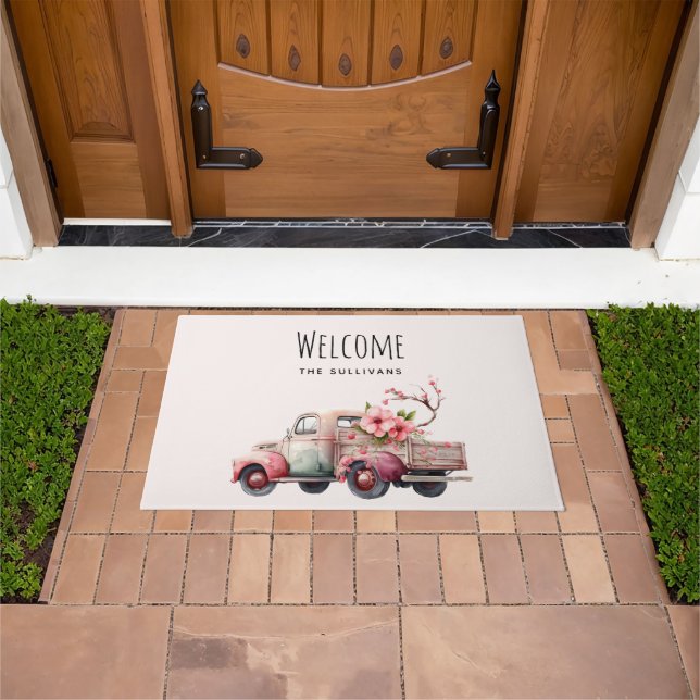 Pink Vintage Farmer's Truck Welcome Doormat (Outdoor)