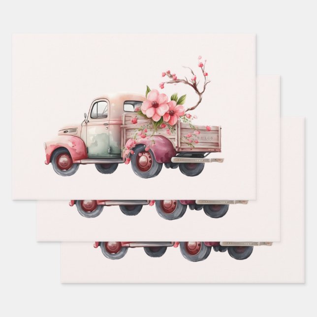 Pink Vintage Farmer's Truck Wrapping Paper Sheet (Set)