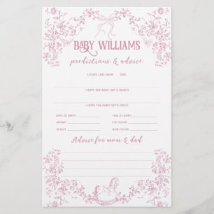 Pink Vintage Floral Bow Baby Girl Prediction Game