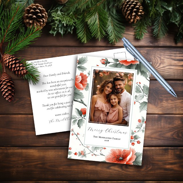 Pink Vintage Floral Christmas Postcard with Photo (Creator Uploaded)
