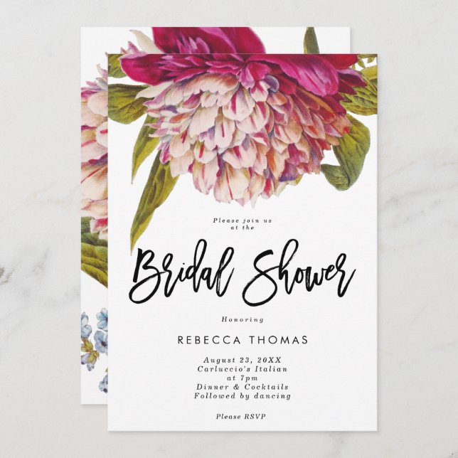 pink vintage floral greenery bridal shower invitation (Front/Back)