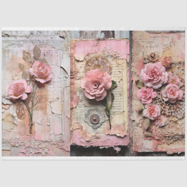 Pink Vintage Floral Grunge Decoupage Tissue Paper (Front)