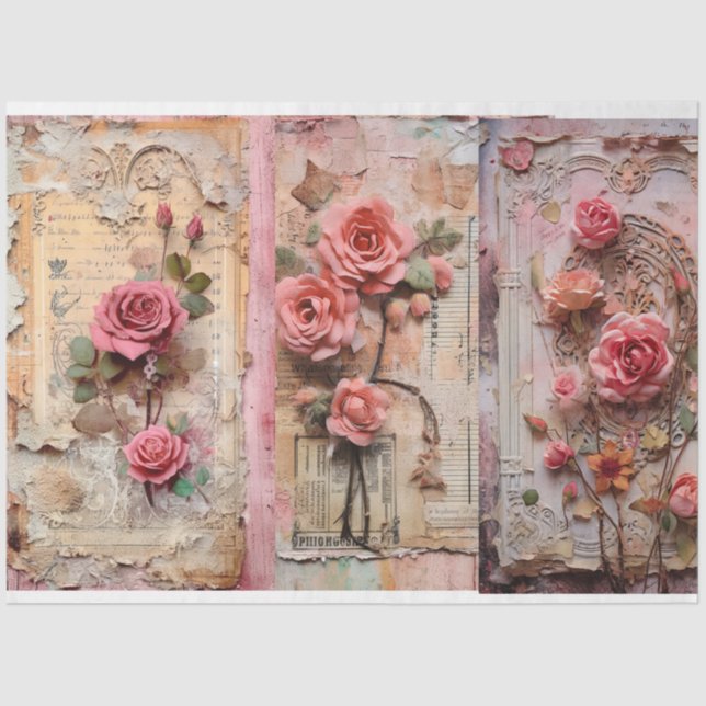 Pink Vintage Floral Grunge Decoupage Tissue Paper (Front)