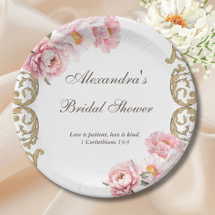 Pink Vintage Floral Peony Christian Bridal Shower Paper Plate