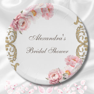 Pink Vintage Floral Rococo Peony Bridal Shower Paper Plate