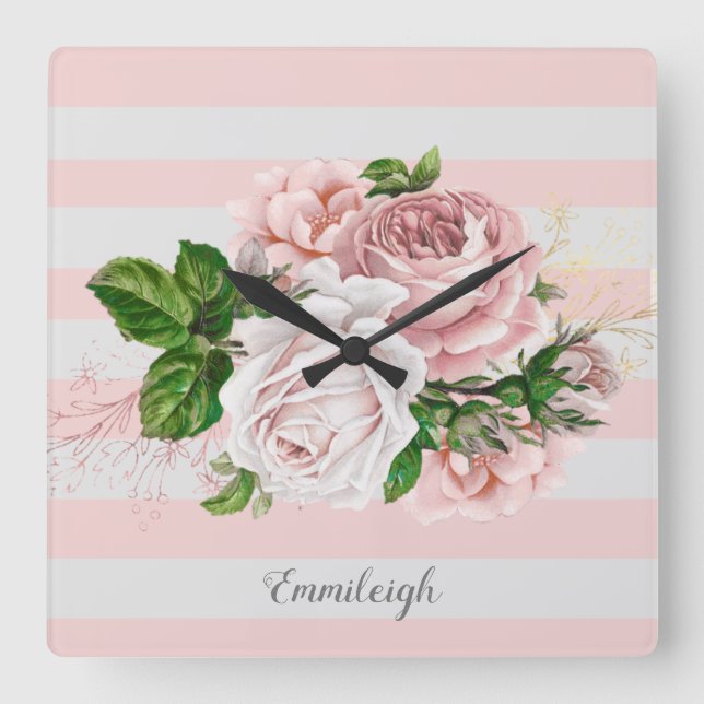 Pink Vintage Floral Striped  Square Wall Clock (Front)