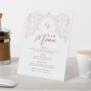  Pink Vintage Flourish Monogram Wedding Bar Menu Pedestal Sign
