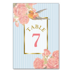 Pink Vintage Flower Bird Wedding Table Number Card