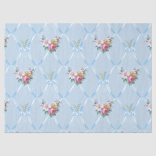 Pink Vintage Flowers on Blue Ribbon Trellis Tissue Paper