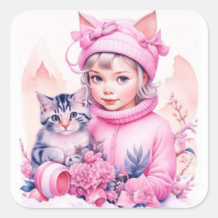 Pink Vintage Girl and Grey Kitten Christmas Square Sticker