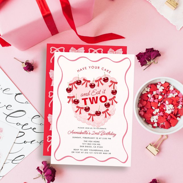 Pink Vintage Heart Cake Girl 2nd Birthday Invitation (Creator Uploaded)