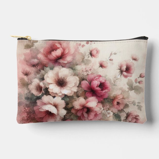 Pink Vintage Inspired Floral Accessory Pouch (Front)