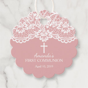 Pink Vintage Lace First Holy Communion Favour Tags