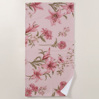 Pink Vintage Lillies Floral Cottagecore Beach Towel