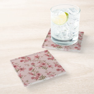 Pink Vintage Lillies Floral Cottagecore Glass Coaster