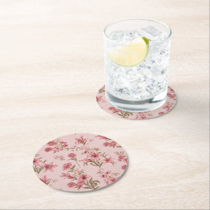 Pink Vintage Lillies Floral Cottagecore Round Paper Coaster