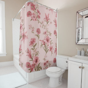 Pink Vintage Lillies Floral Cottagecore Shower Curtain