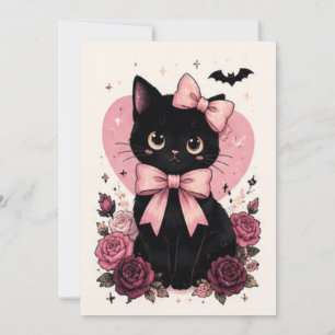 Pink Vintage Mirror Black Cat Halloween Invitation