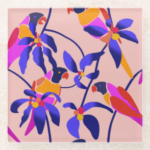 Pink Vintage Parrots: Exotic Seamless Illustration Glass Coaster