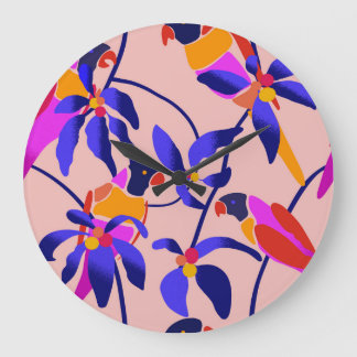 Pink Vintage Parrots: Exotic Seamless Illustration Large Clock