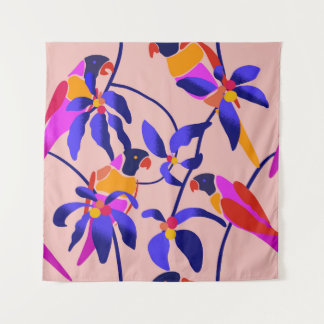 Pink Vintage Parrots: Exotic Seamless Illustration Tapestry