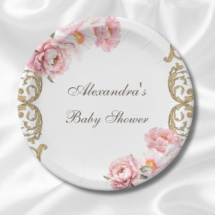 Pink Vintage Peony Rococo Floral Baby Shower Paper Plate