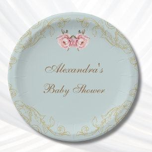 Pink Vintage Peony Rococo Flowers Baby Shower Paper Plate
