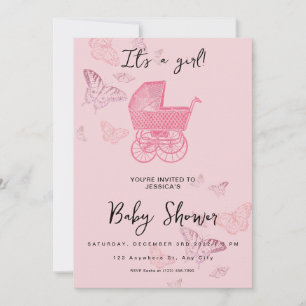 Pink Vintage Pram Stroller Baby Girl Shower Invitation
