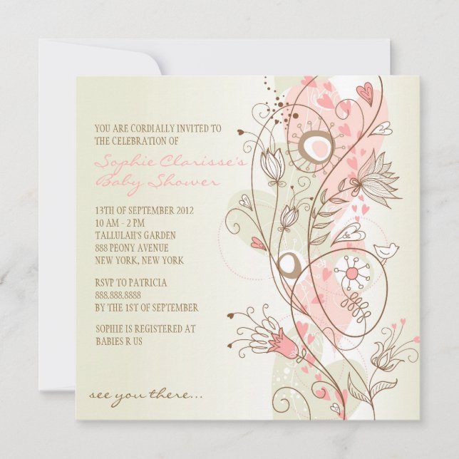Pink Vintage Pretty Floral Baby Shower Invitations (Front)