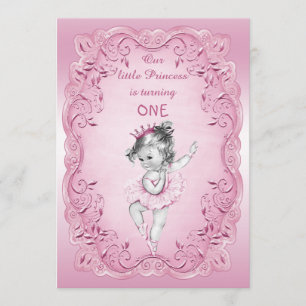 Pink Vintage Princess Ballerina 1st Birthday Party Invitation