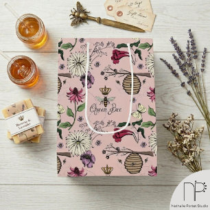 Pink Vintage Queen Bee Floral Medium Gift Bag