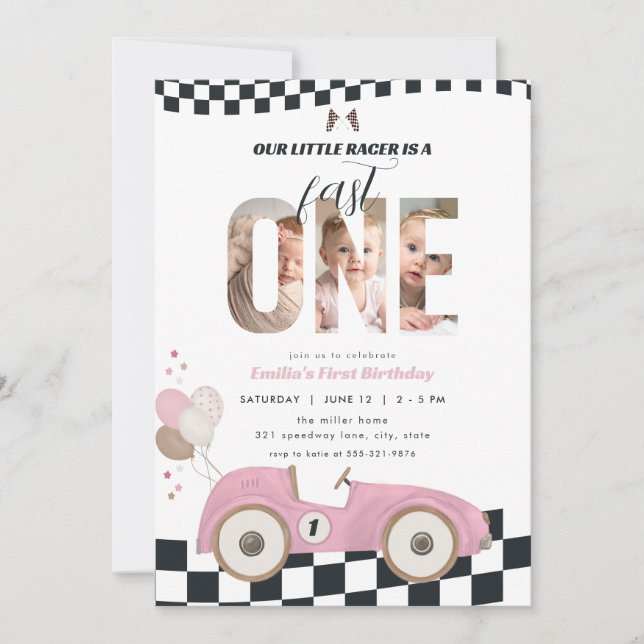 Pink Vintage Race Car First Birthday Invite Photo (Front)