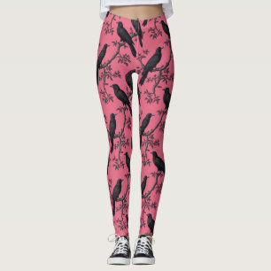 Pink Vintage Raven Birds Pattern Leggings