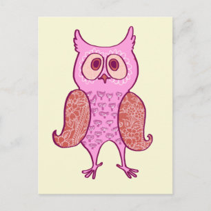 Pink vintage retro owl postcard