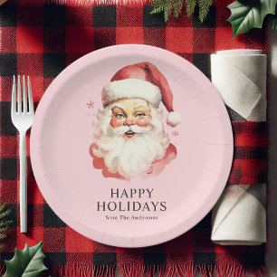 Pink Vintage Retro Santa Claus Christmas Paper Plate