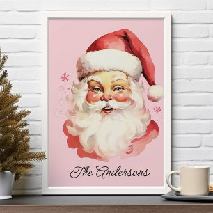 Pink Vintage Retro Santa Claus Family Christmas Poster