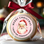 Pink Vintage Retro Santa Claus Merry Christmas Classic Round Sticker<br><div class="desc">Celebrate the festive season with our Pink Vintage Retro Santa Claus Merry Christmas Classic Round Sticker! This charming sticker features a nostalgic Santa Claus design set against a stylish solid background, combining vintage charm with modern flair. Perfect for adding a festive touch to your Christmas Gifts and Holiday packaging. Personalise...</div>