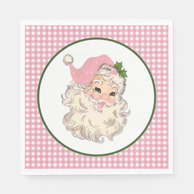 Pink Vintage Retro Santa with Pink Plaid Napkin (Front)