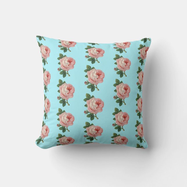 Pink Vintage Rose Garden Pattern Blue Pillow (Front)