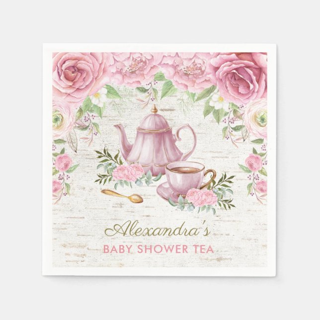 Pink Vintage Roses Baby Tea Party Paper Napkin (Front)