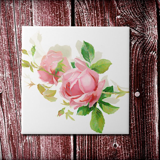 Pink vintage roses ceramic tile (Creator Uploaded)