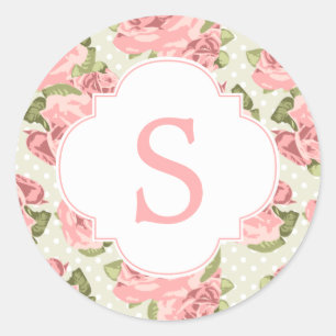 Pink Vintage Roses Custom Monogram Classic Round Sticker