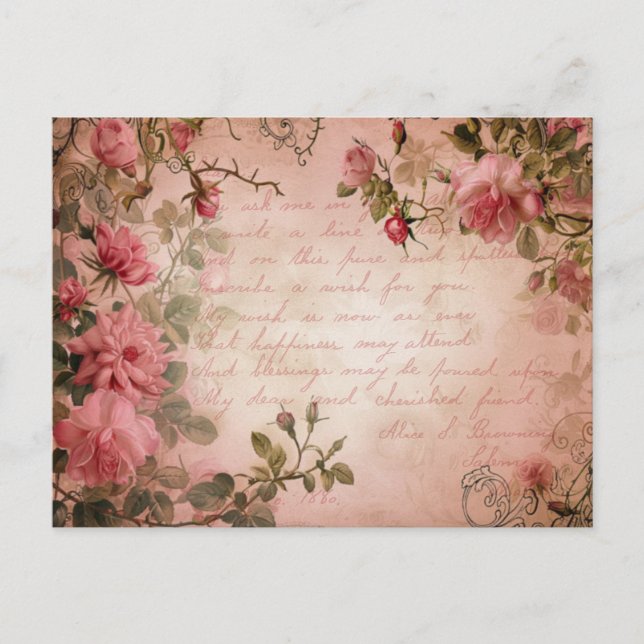 Pink Vintage Roses Decoupage Pattern  Postcard (Front)
