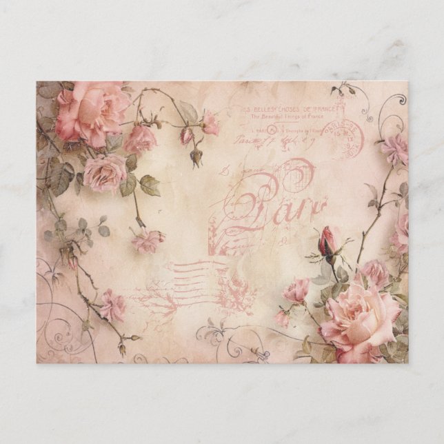 Pink Vintage Roses Decoupage Pattern  Postcard (Front)